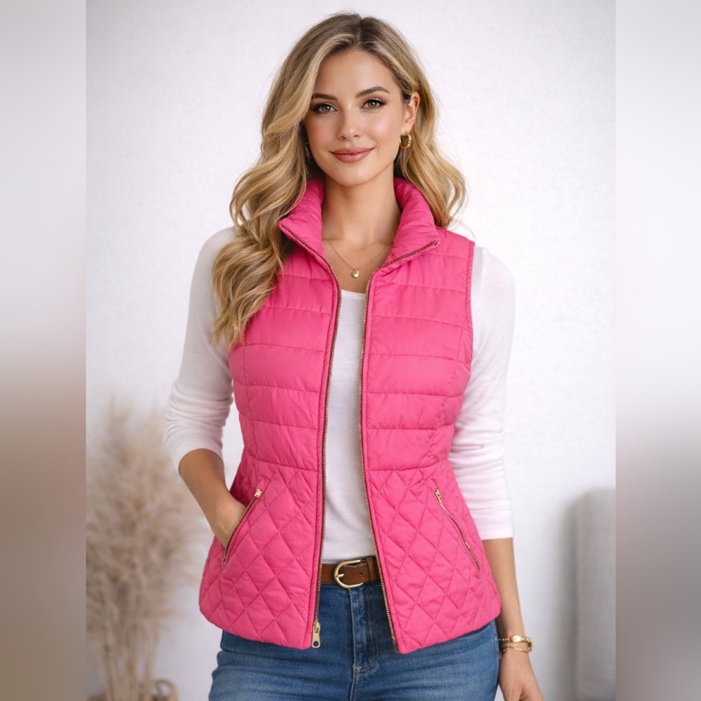 TALBOTS Women's Pink Down Fill Quilted Zip Up Vest Pockets Cinchable WaistSize M